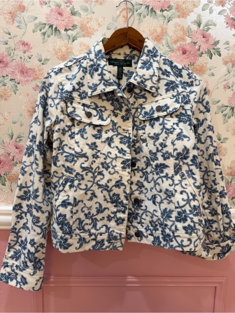 Lauren Ralph Lauren Cream and Blue Floral-Print Jean Jacket